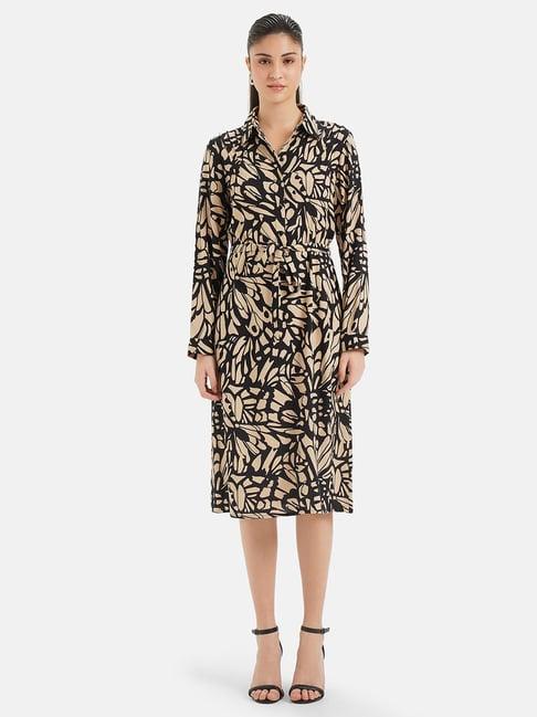 kazo beige & black printed shirt dress