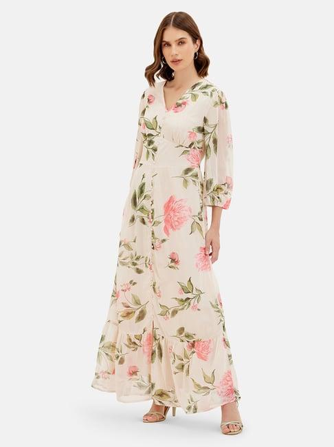 kazo beige floral print maxi dress