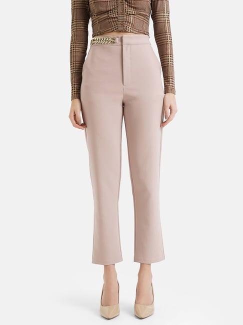 kazo beige regular fit high rise trousers