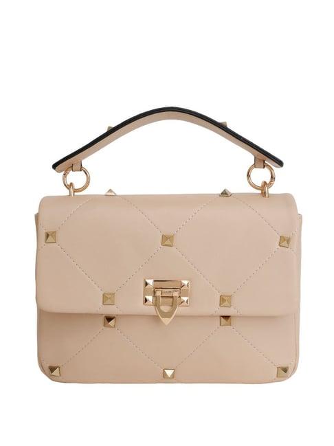 kazo beige synthetic solid satchel handbag