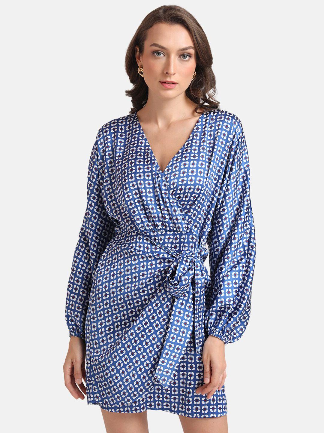 kazo blue & white geometric printed wrap satin mini dress