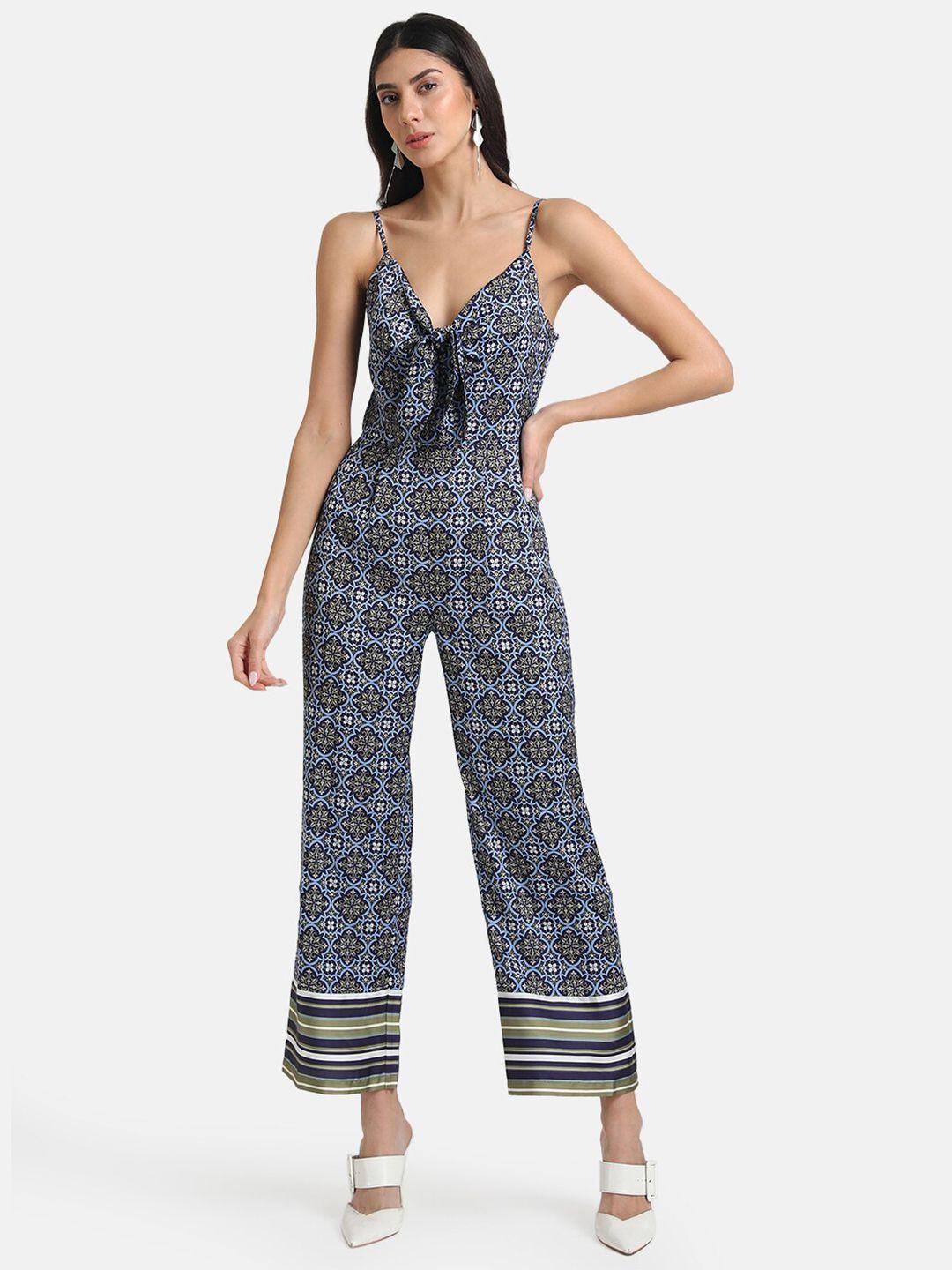 kazo blue & white printed basic jumpsuit