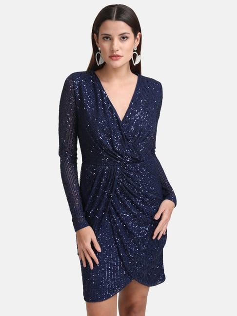 kazo blue embellished wrap dress