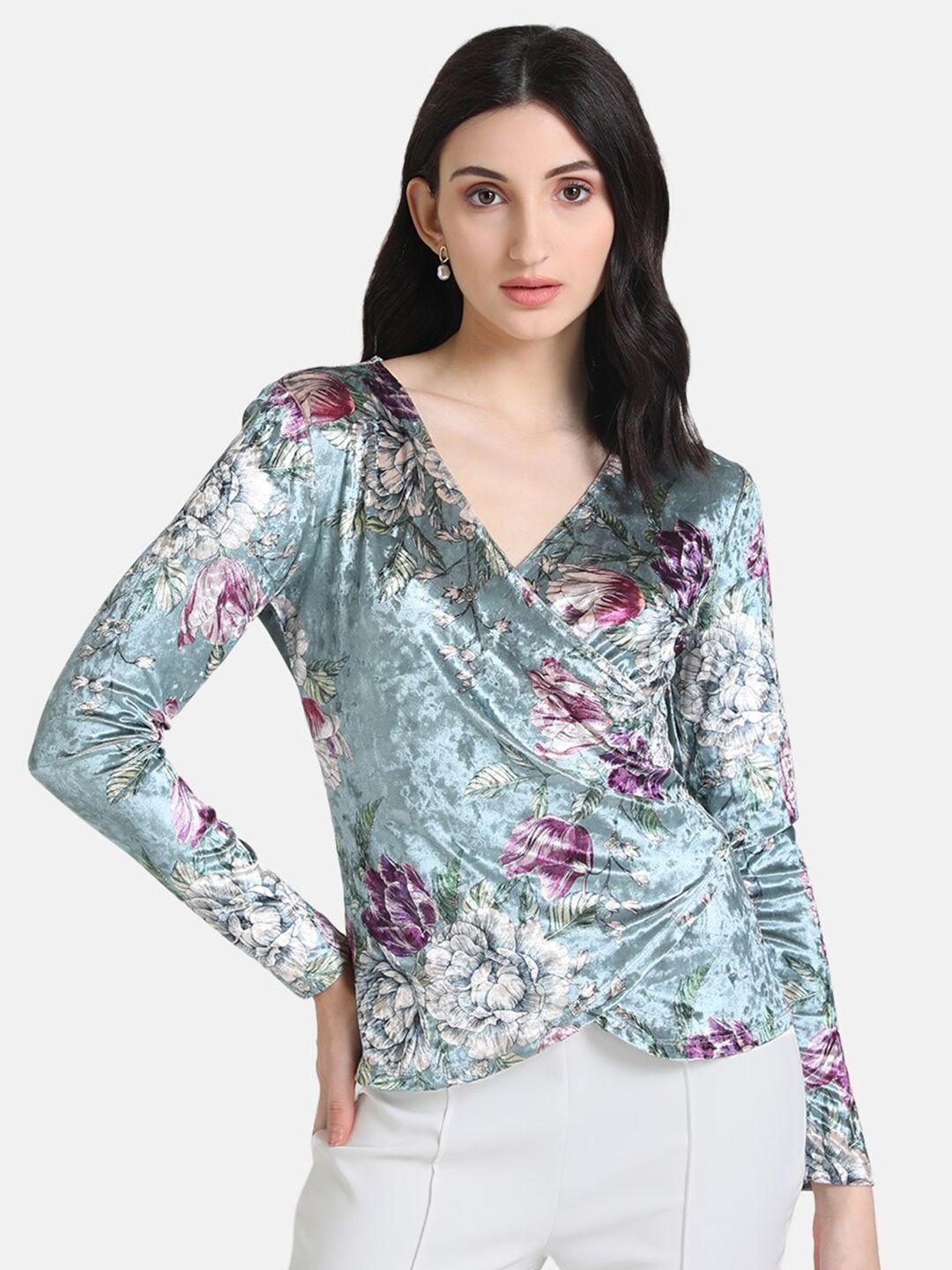 kazo blue floral wrap top