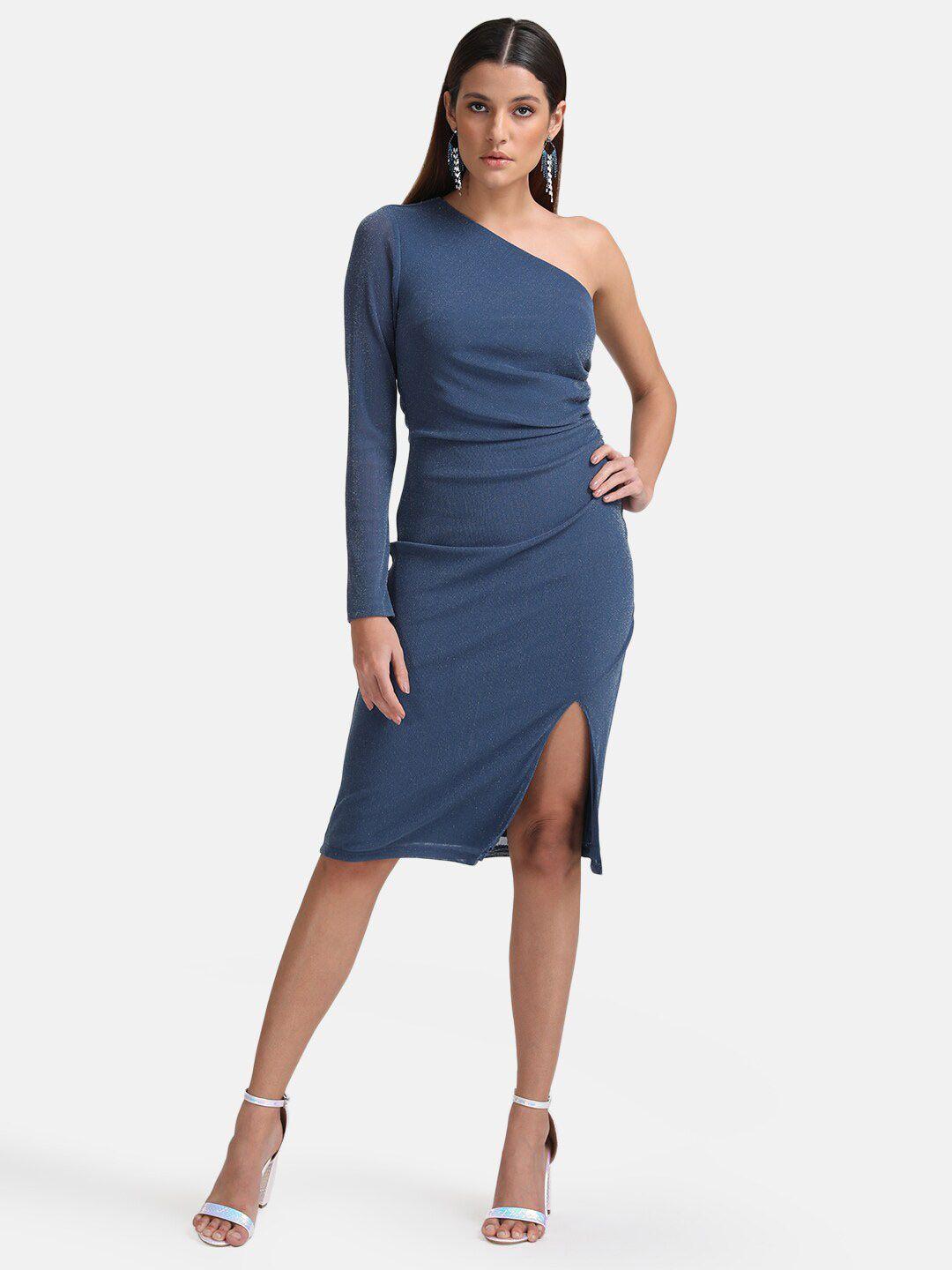 kazo blue sheath one shoulder midi ruched dress