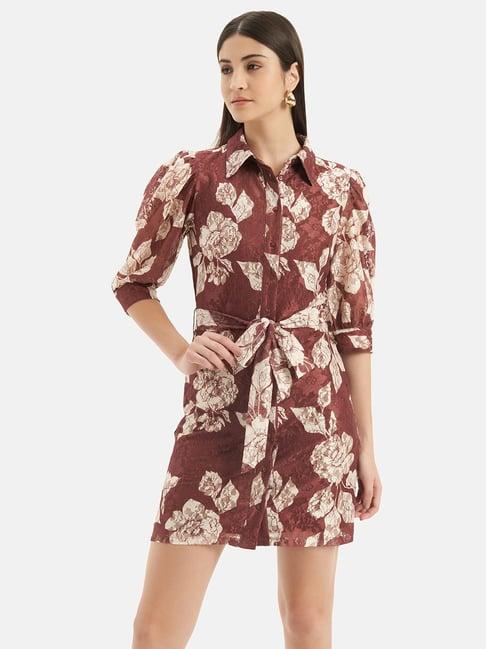 kazo brown & beige floral print shirt dress