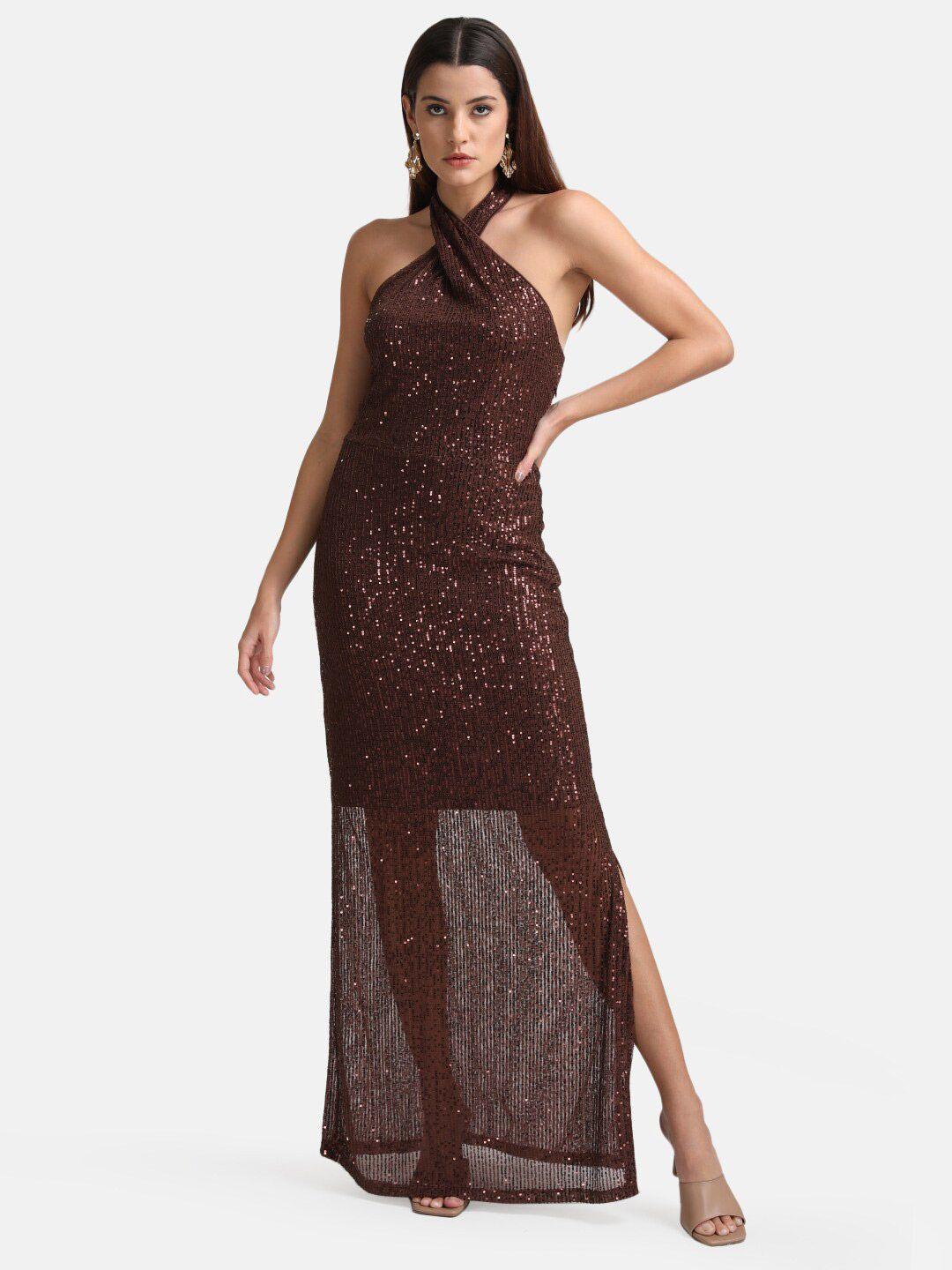 kazo brown embellished halter neck maxi dress