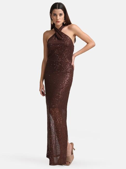 kazo brown embellished maxi dress