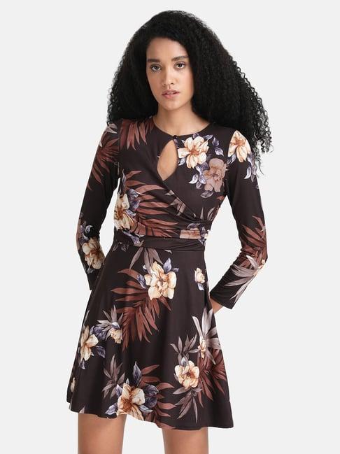 kazo brown floral print mini wrap dress