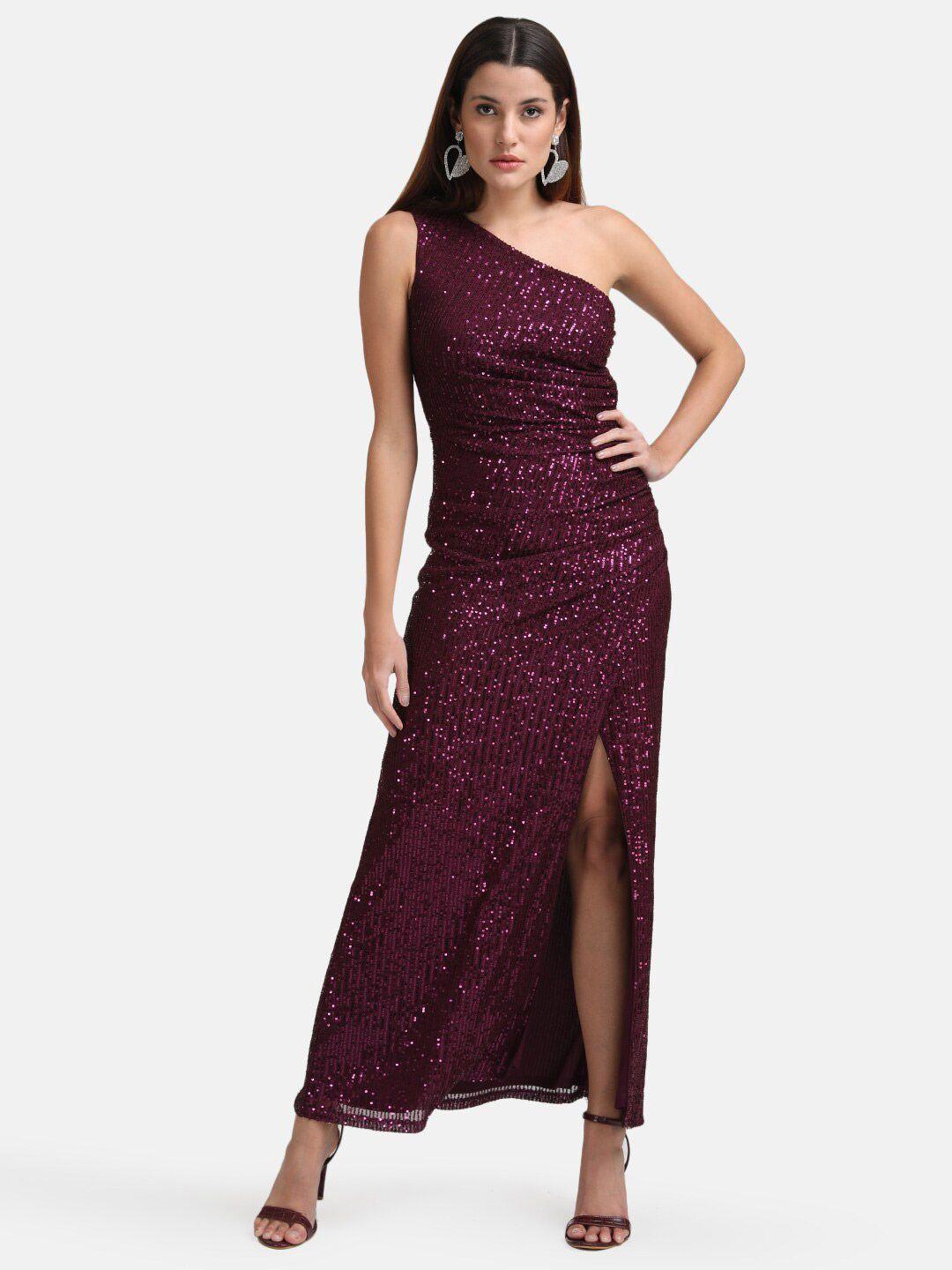 kazo burgundy embellished one shoulder maxi dress