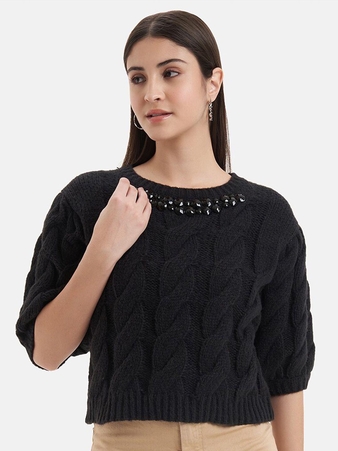 kazo cable knit self design embellished detailed crop pullover