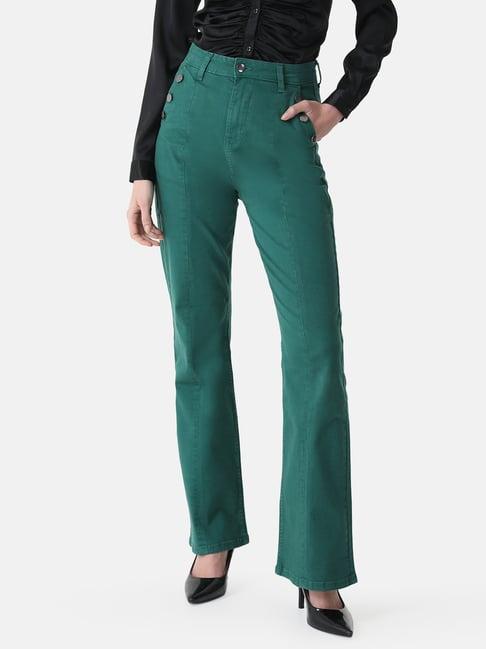 kazo dark green regular fit high rise jeans