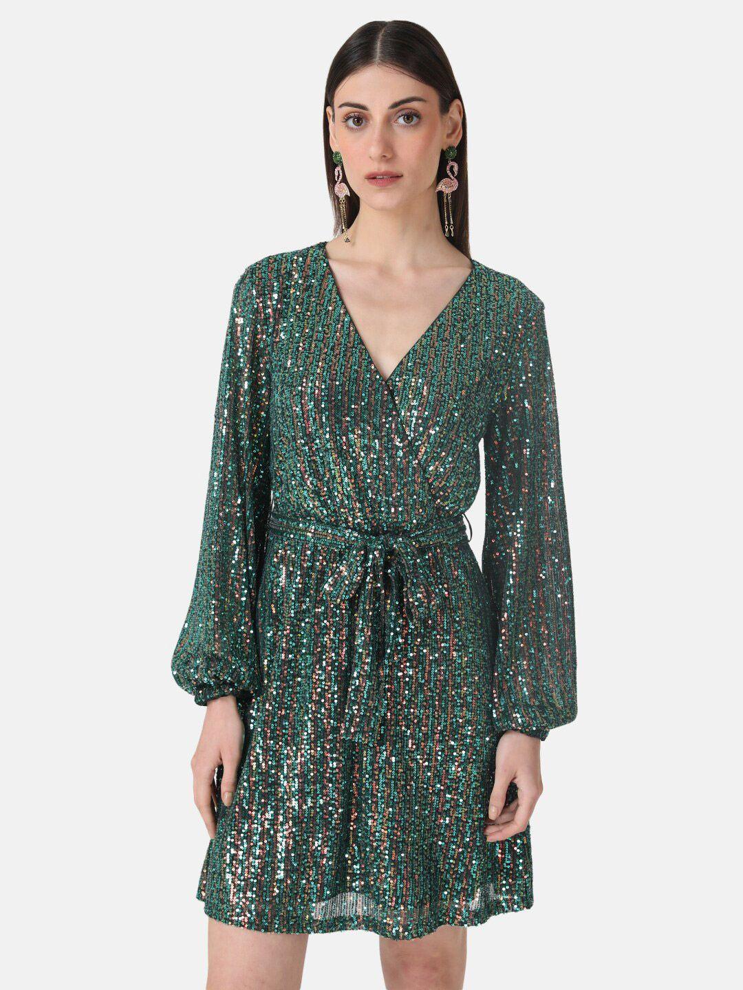 kazo embellished puff sleeves sequined detail party fit & flare dress