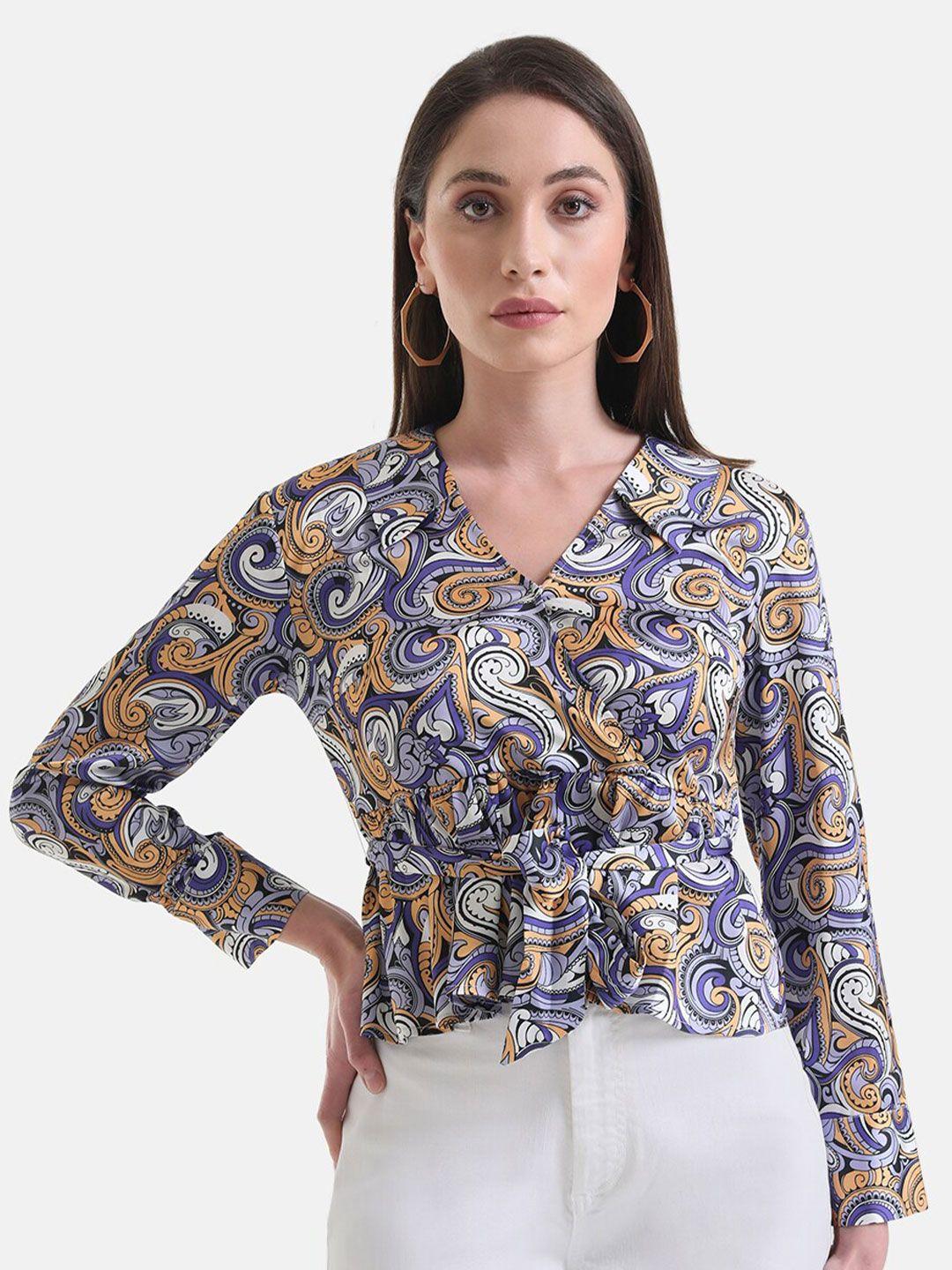 kazo ethnic motifs printed waist tie-ups peplum satin wrap top