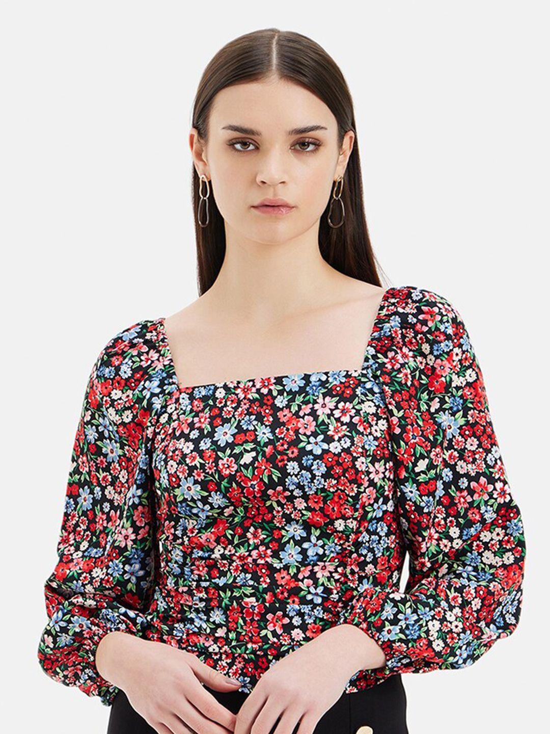 kazo floral print puff sleeve accordion pleats top