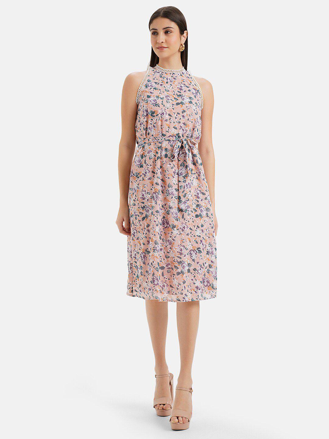 kazo floral printed halter neck embroidered & tie up fit & flare dress