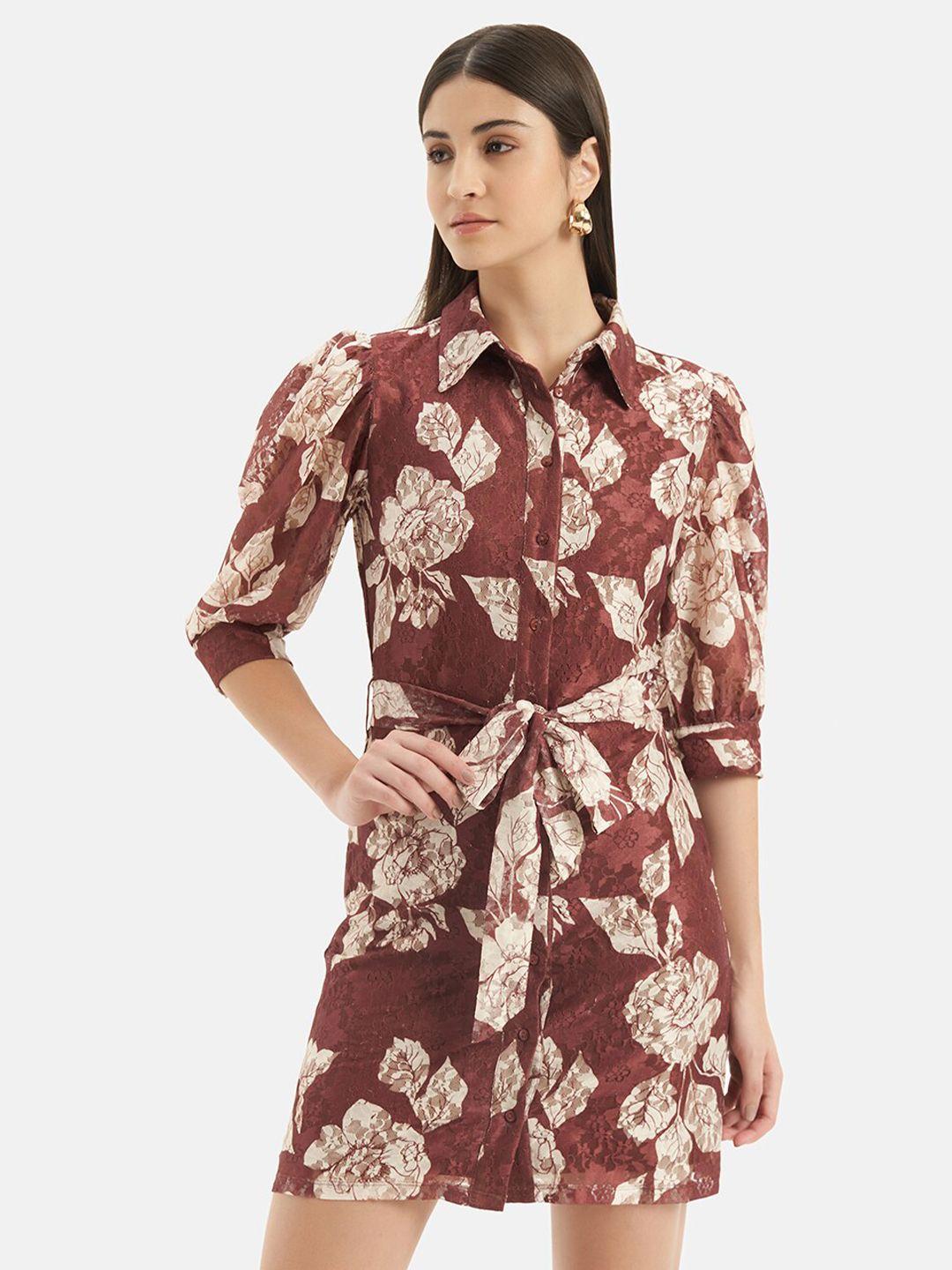 kazo floral printed lace shirt style mini dress