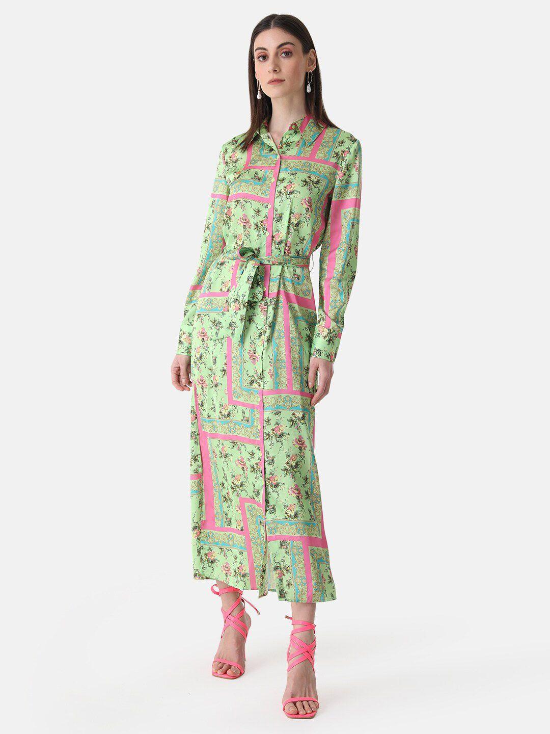 kazo floral printed satin shirt midi dress with belt