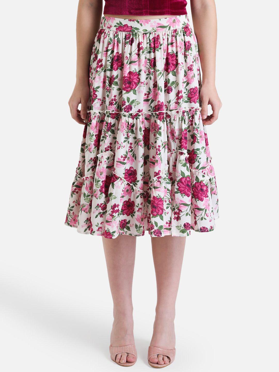 kazo floral printed tiered satin skirt