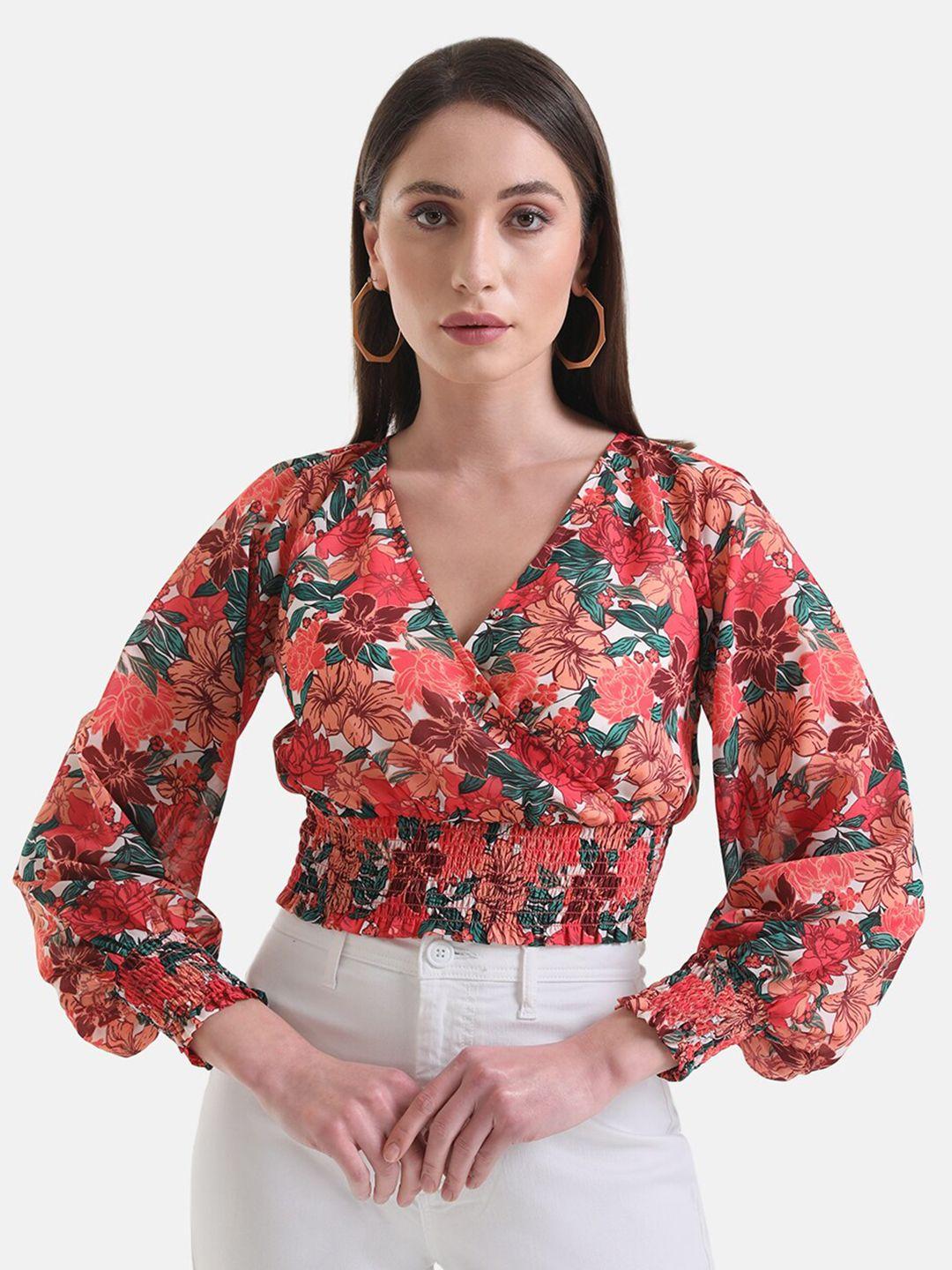 kazo floral printed v-neck puff sleeves smocked blouson crop top