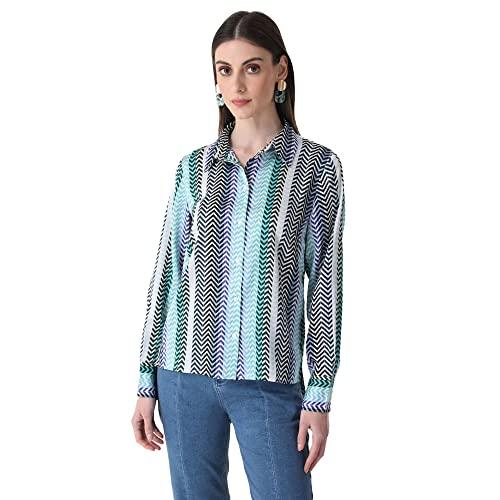 kazo geometric satin regular fit womens shirt (blue mix dark, large)