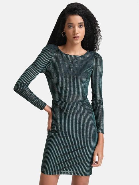 kazo green velvet striped bodycon dress