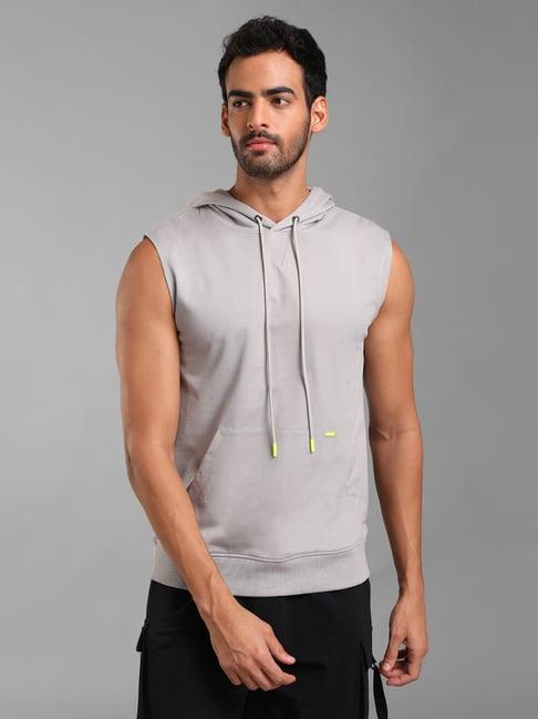 kazo grey melange regular fit sleeveless hooded sweatshirt