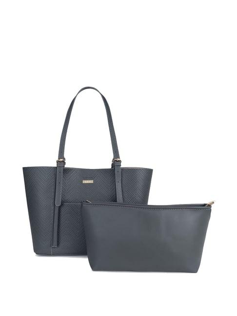 kazo grey pu textured tote handbag with pouch