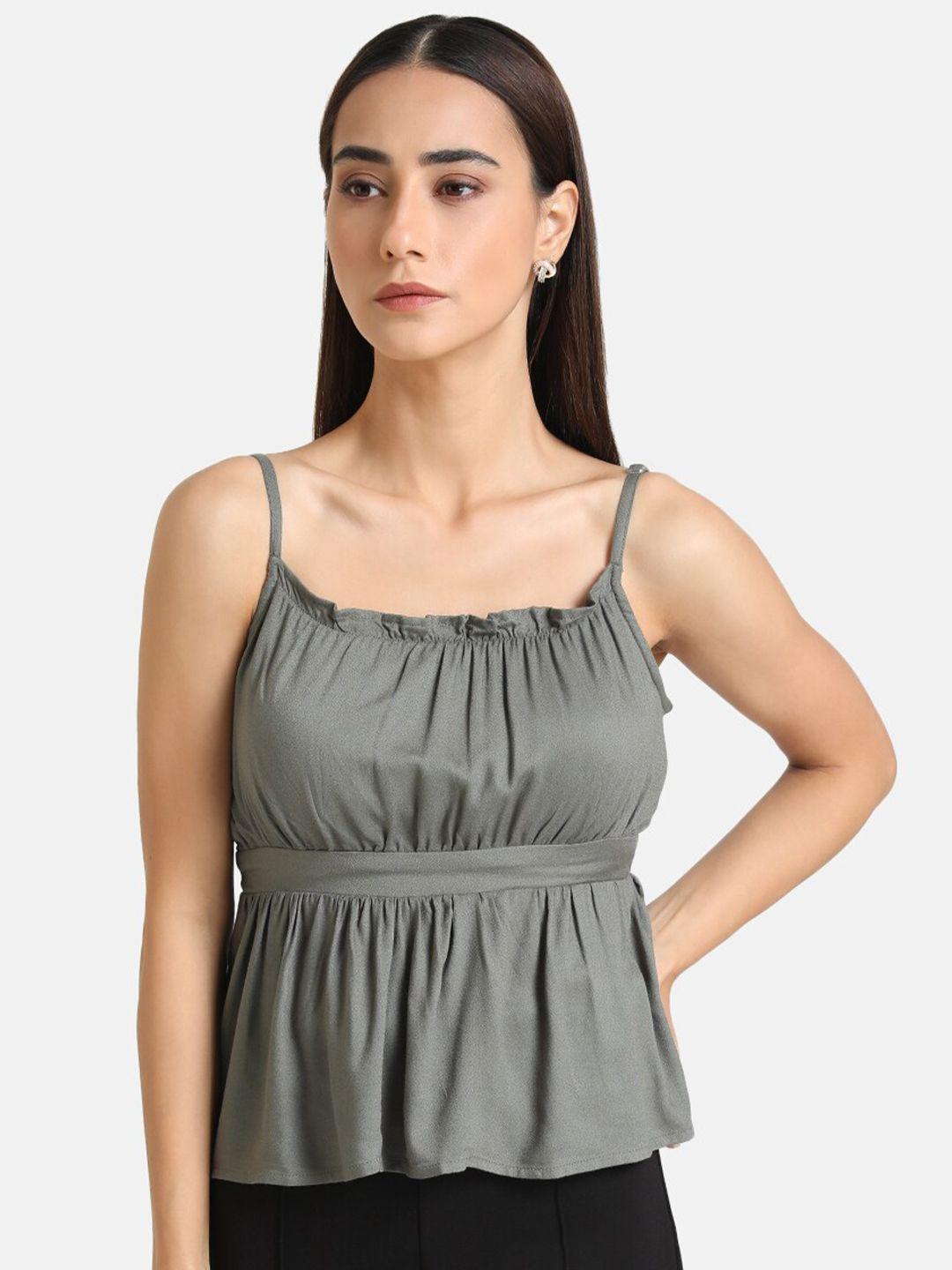 kazo grey solid spaghetti straps cinched waist top