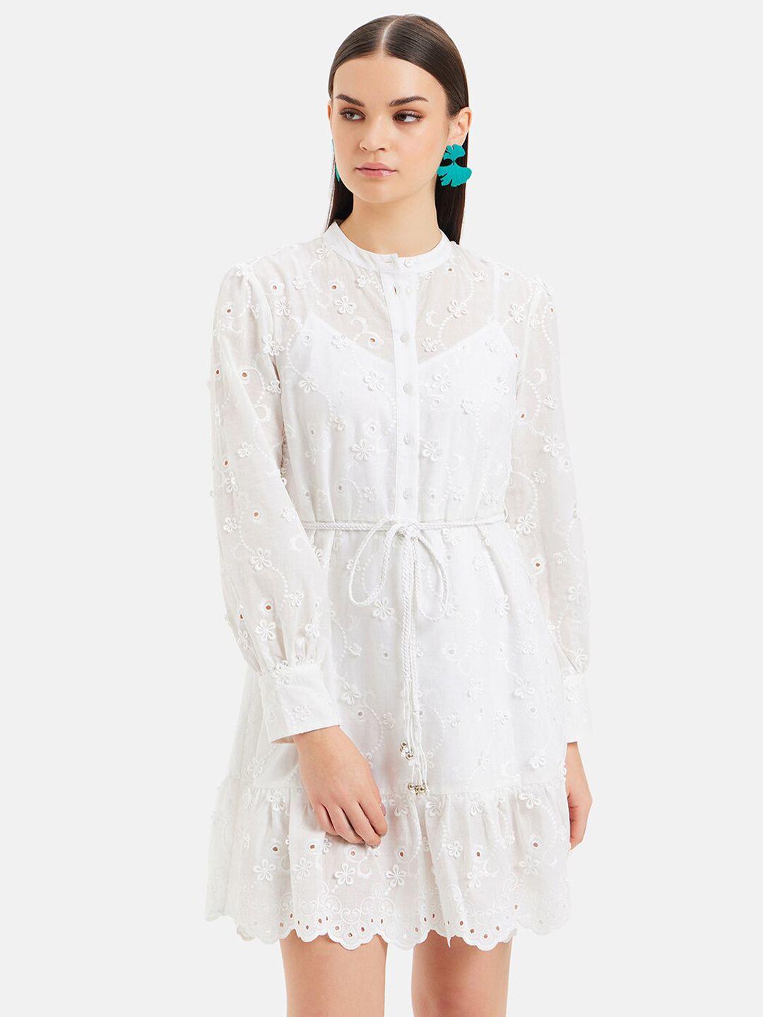 kazo mandarin collar cuffed sleeves cotton a-line dress