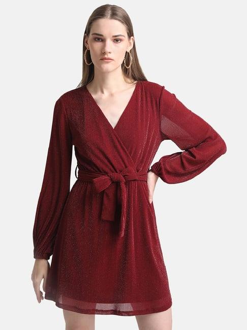 kazo maroon midi wrap dress