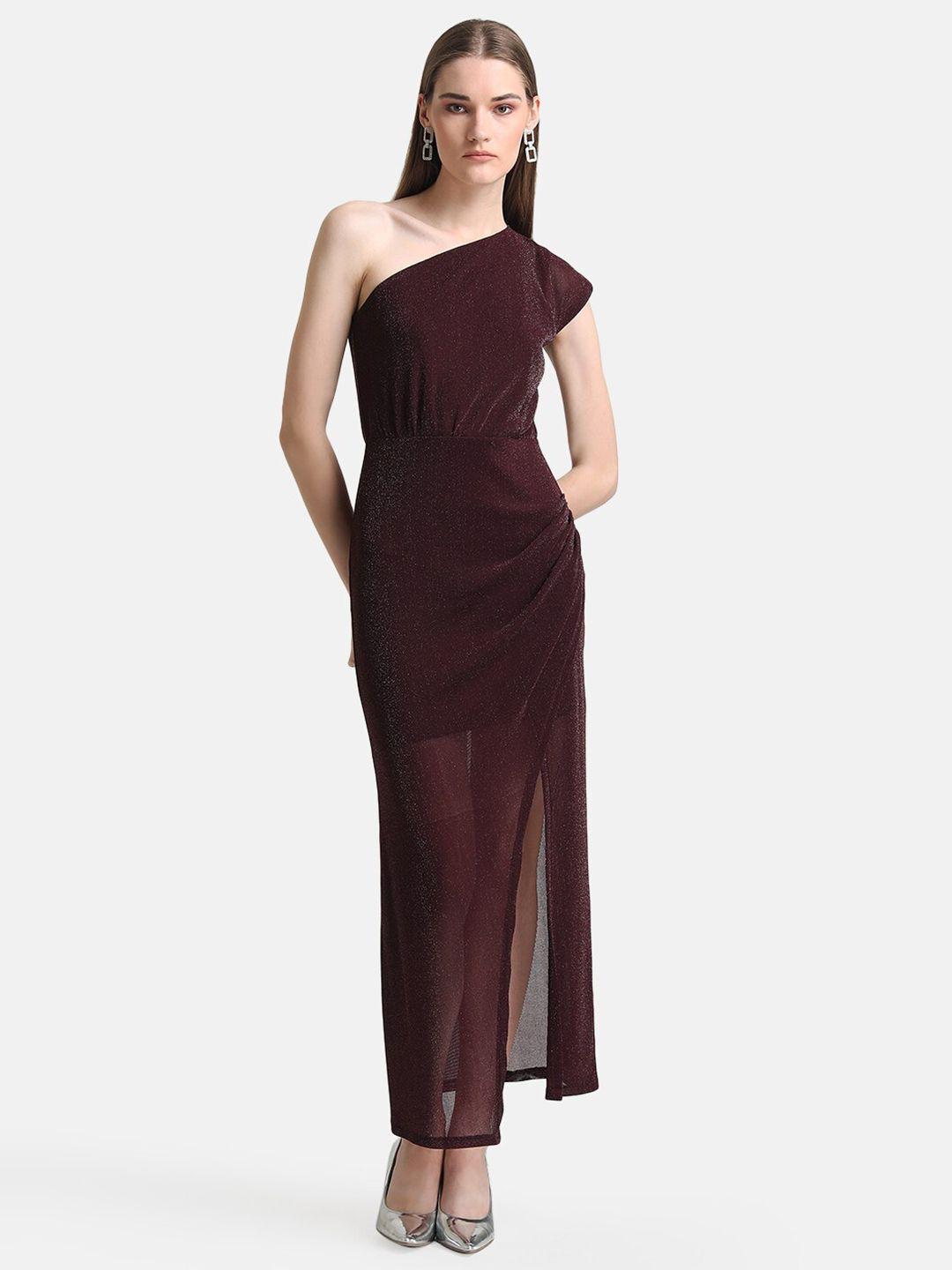 kazo maroon one shoulder sheath maxi dress