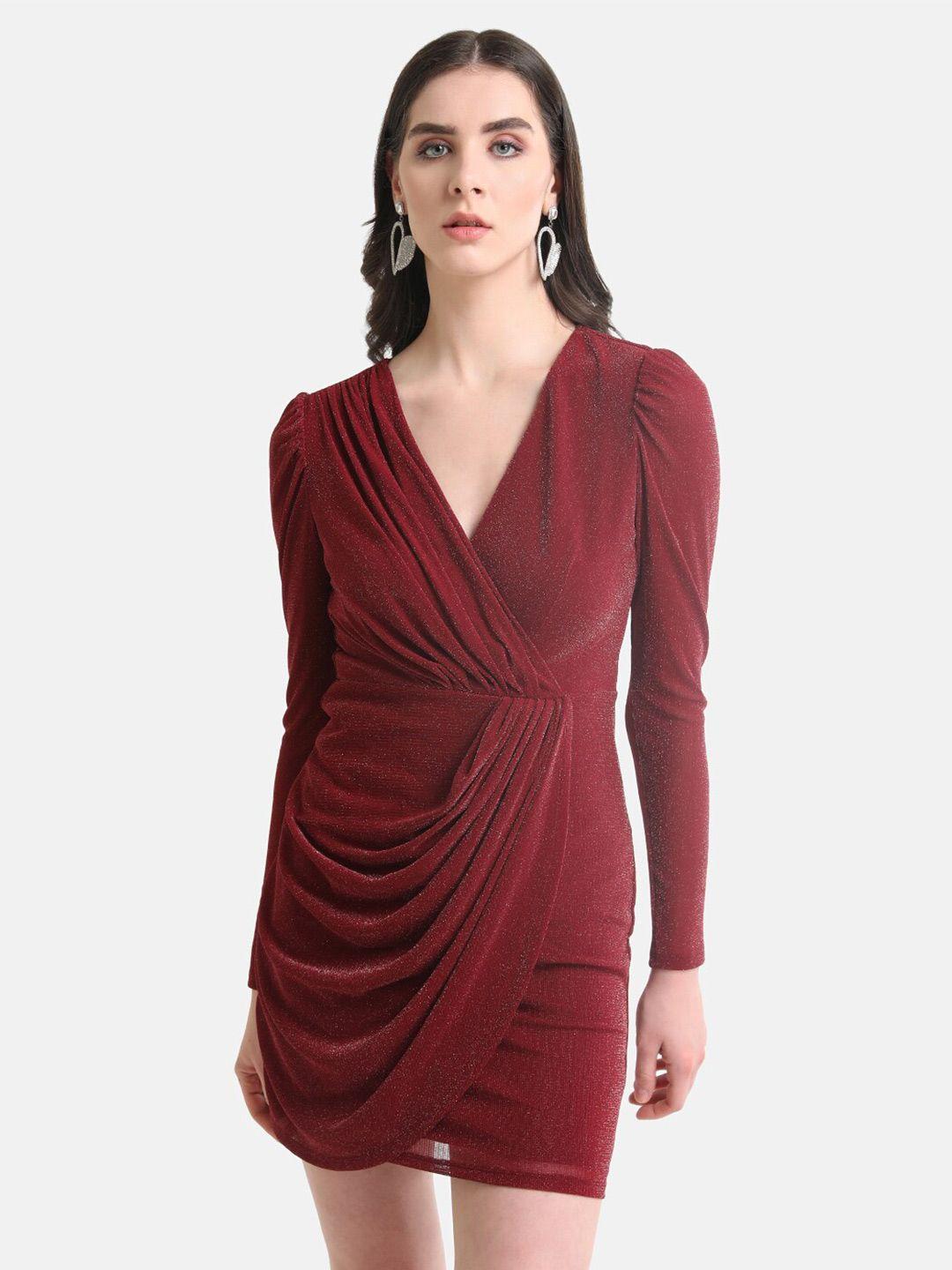 kazo maroon v-neck mini wrap dress