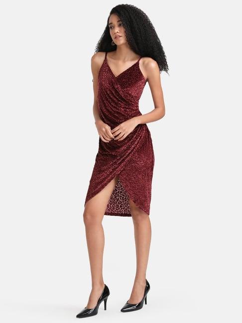 kazo maroon velvet animal print wrap dress