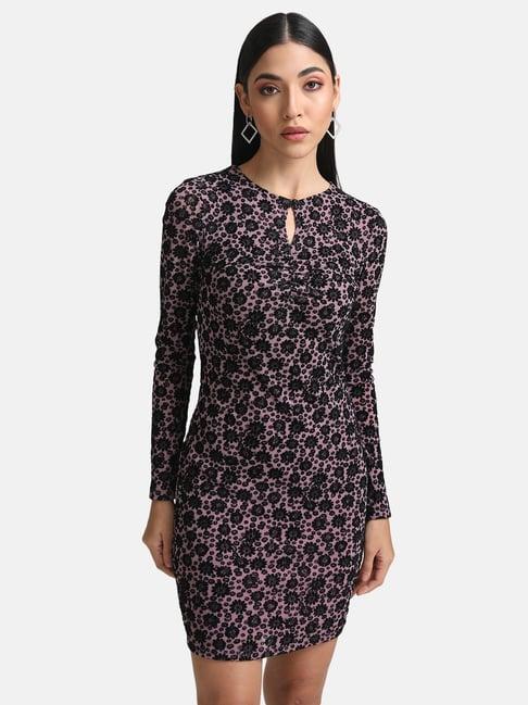 kazo mauve & black floral print bodycon dress