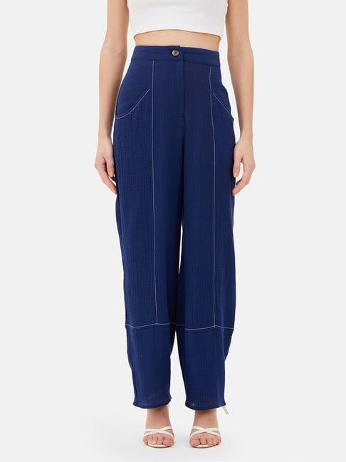 kazo navy cotton relaxed fit high rise trousers