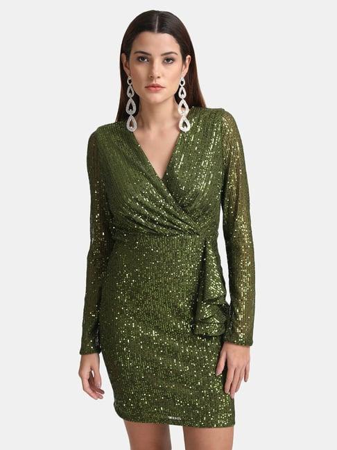 kazo olive embellished wrap dress