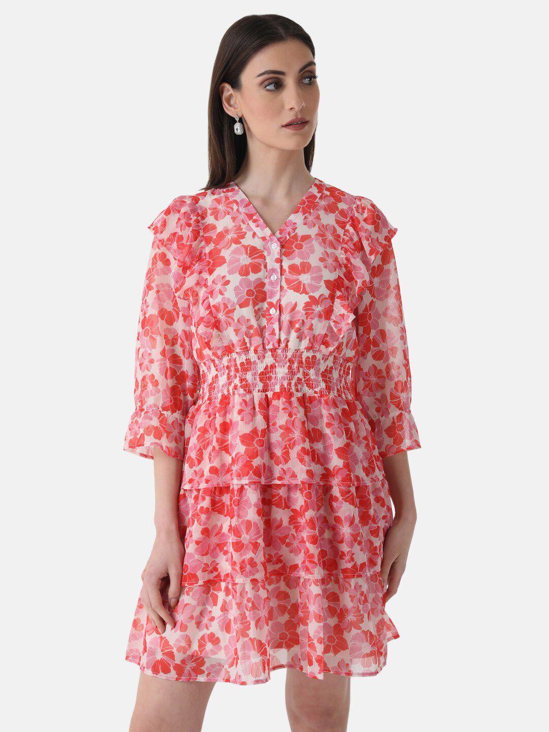 kazo peach-coloured floral print bell sleeve chiffon fit & flare dress
