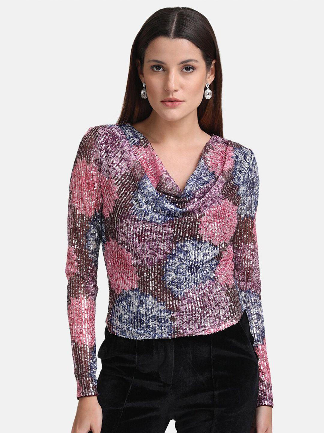 kazo pink floral embellished cowl neck top