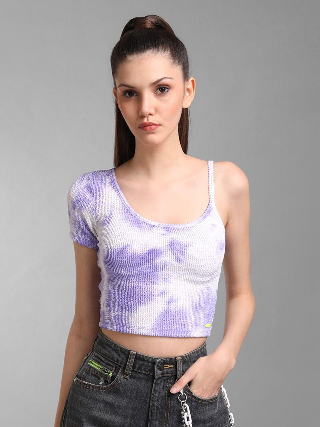 kazo purple & white tie and dye one shoulder crop top