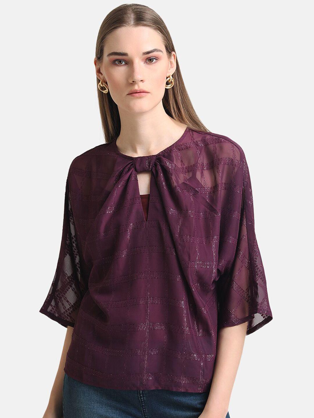 kazo purple women checked keyhole neck georgette top