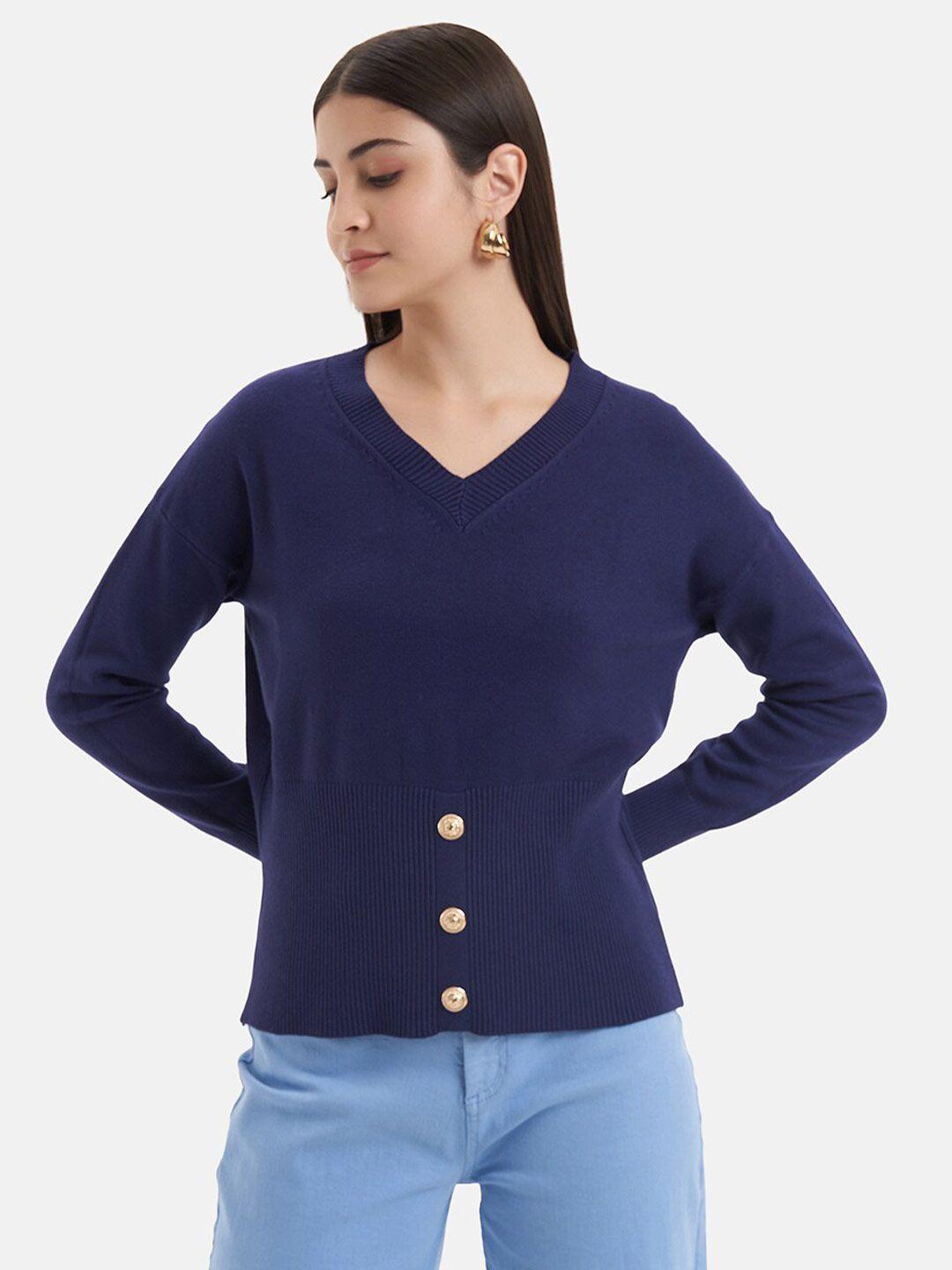 kazo ribbed v-neck button detail pullover