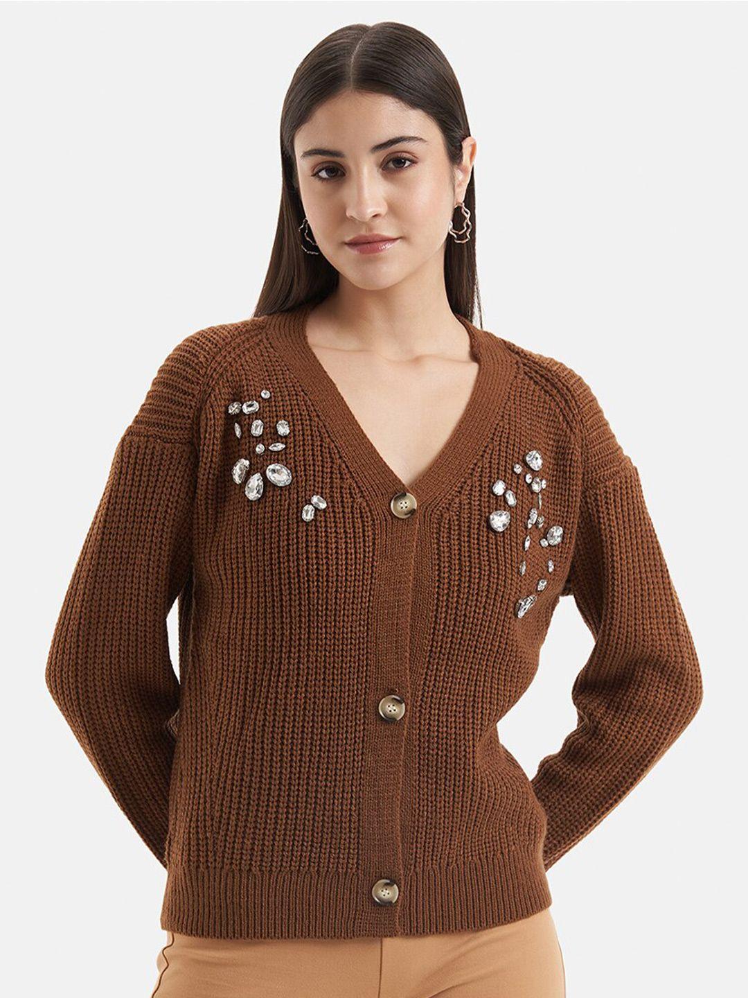 kazo ribbed v-neck embellished acrylic cardigan sweater