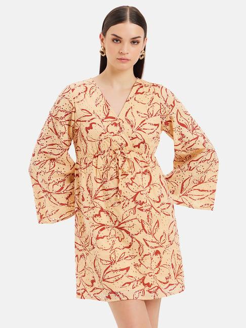 kazo rust & beige floral print wrap dress