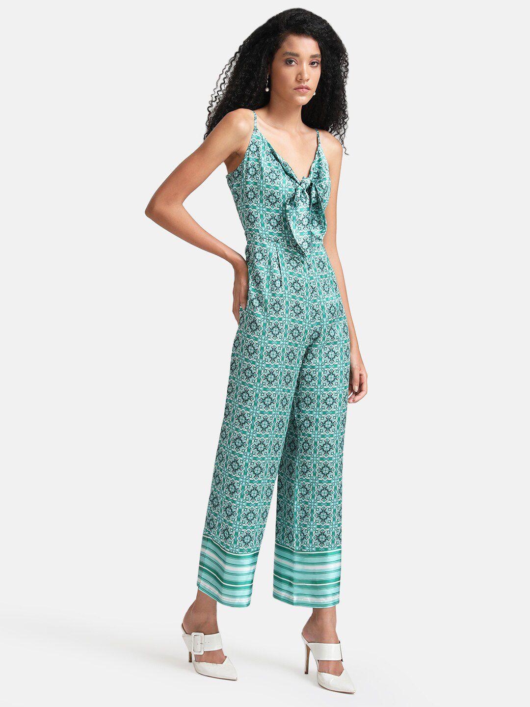 kazo sea green & white printed polyester shoulder straps basic jumpsuit