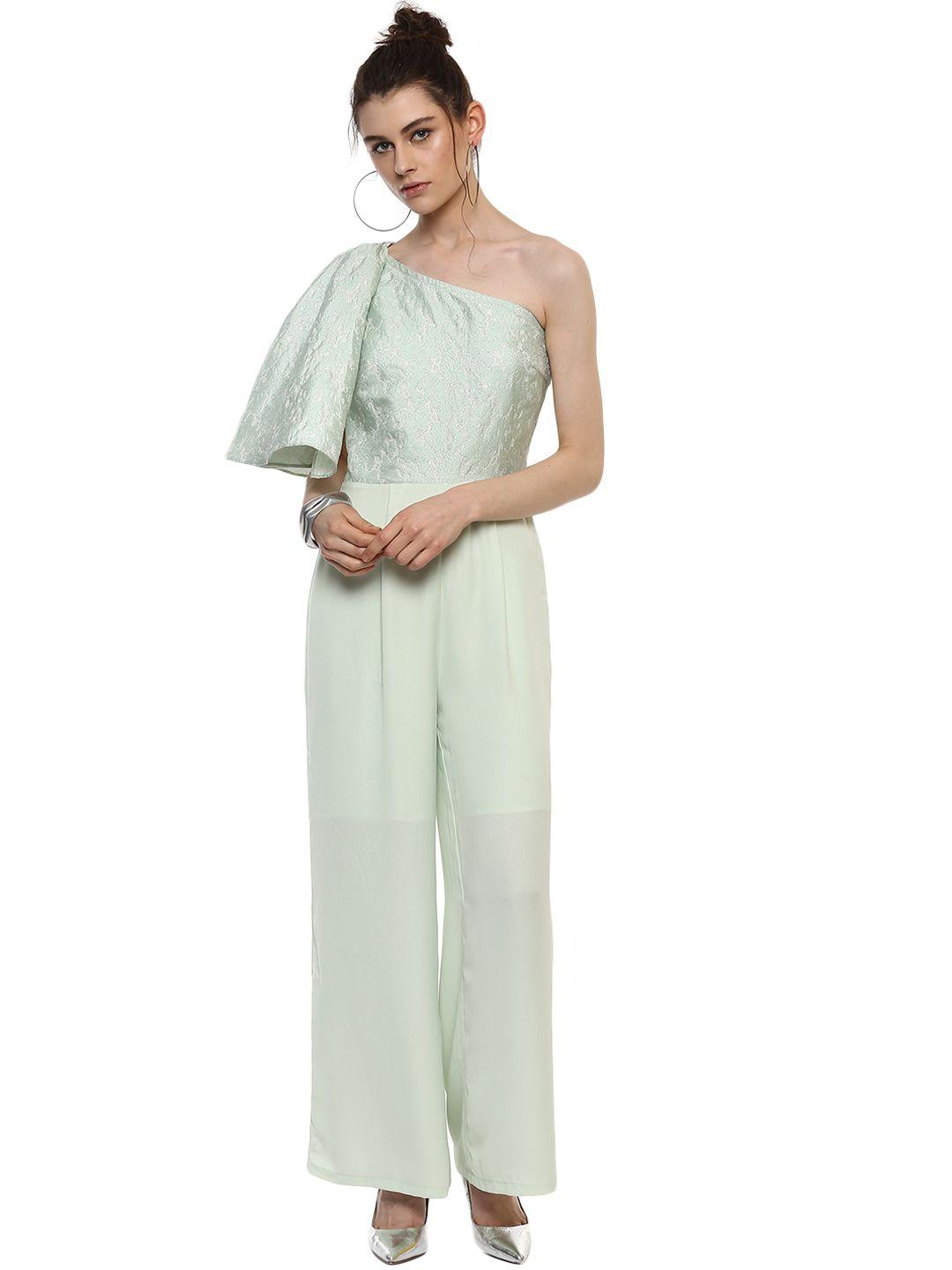 kazo sea green solid one shoulder jumpsuit