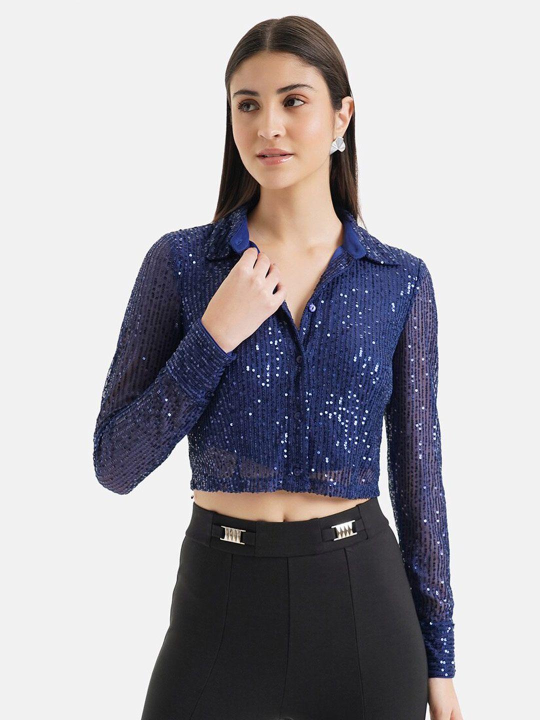 kazo sequin embellished crop shirt style top