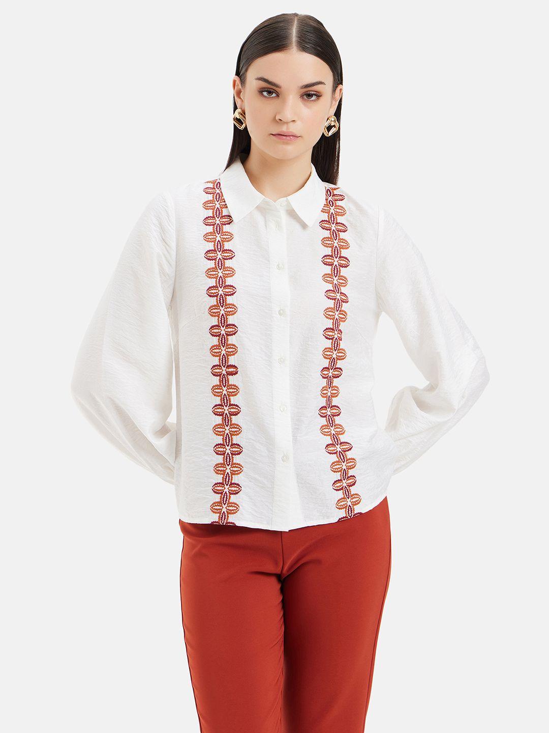 kazo spread collar sophia embroidered long balloon sleeves standard opaque casual shirt