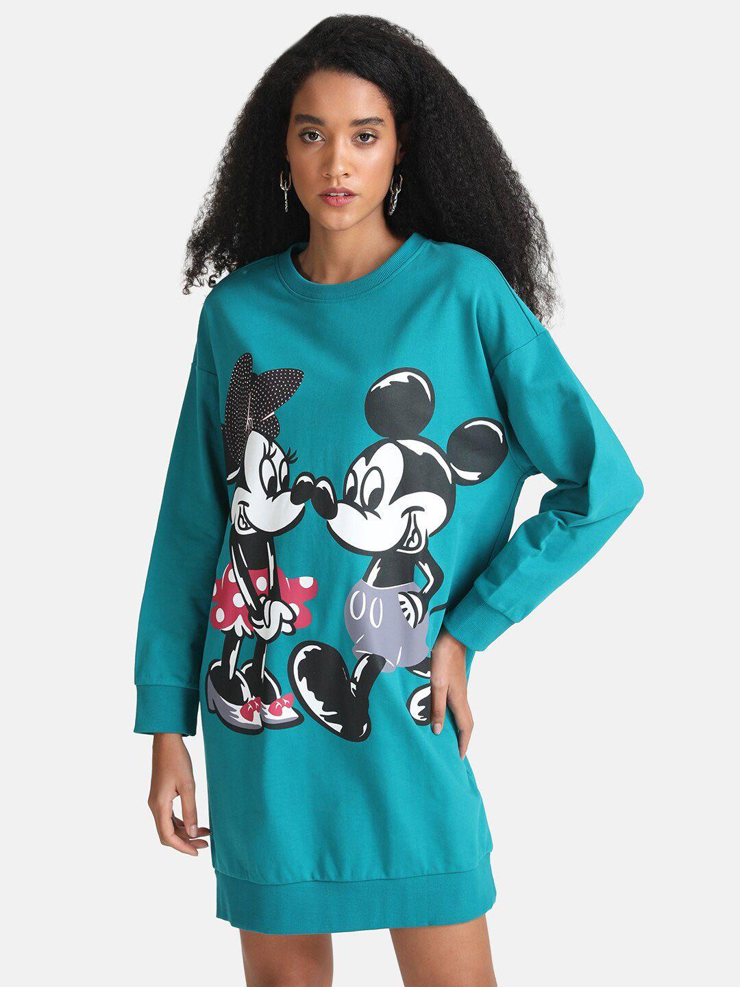 kazo teal printed cotton sweater dress