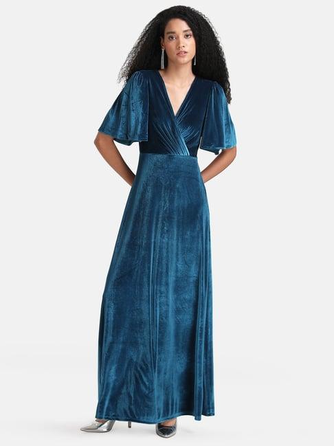 kazo teal velvet fit & flare dress